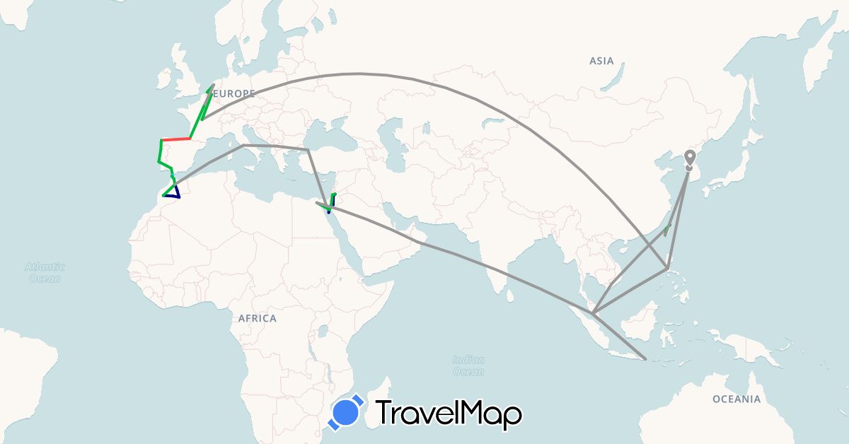 TravelMap itinerary: driving, bus, plane, hiking, boat in Belgium, Egypt, Spain, France, Indonesia, Israel, Italy, Jordan, South Korea, Morocco, Malaysia, Netherlands, Oman, Philippines, Palestinian Territories, Portugal, Turkey, Taiwan, Vietnam (Africa, Asia, Europe)